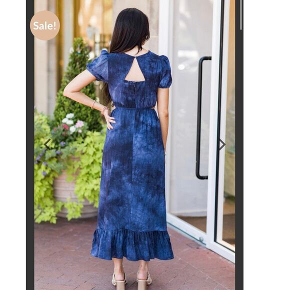 Blue B Maxi Cutout Dress Boho Puff Sleeves Prairie Western Ruffles Size Large - Picture 3 of 10